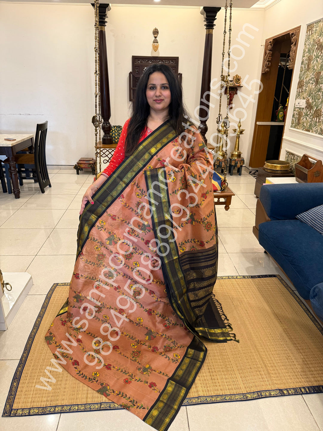 Dark Biscuit with Black , rettapet traditional border , Madhubani Floral print in the body and rich Pallu Printed Korvai Silk Cotton Saree