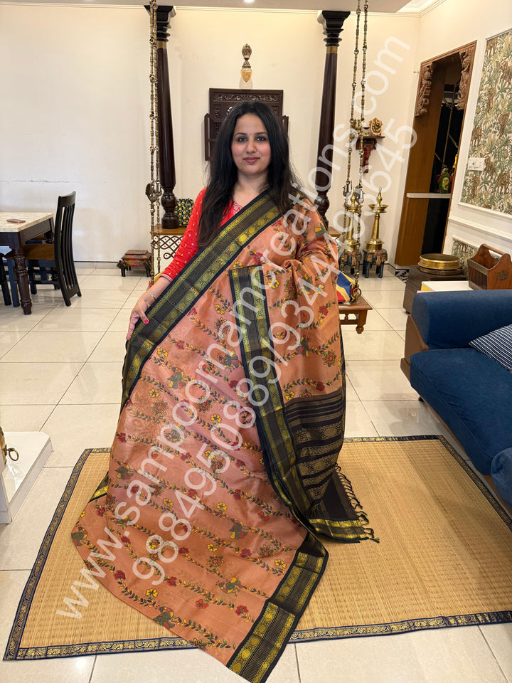 Dark Biscuit with Black , rettapet traditional border , Madhubani Floral print in the body and rich Pallu Printed Korvai Silk Cotton Saree