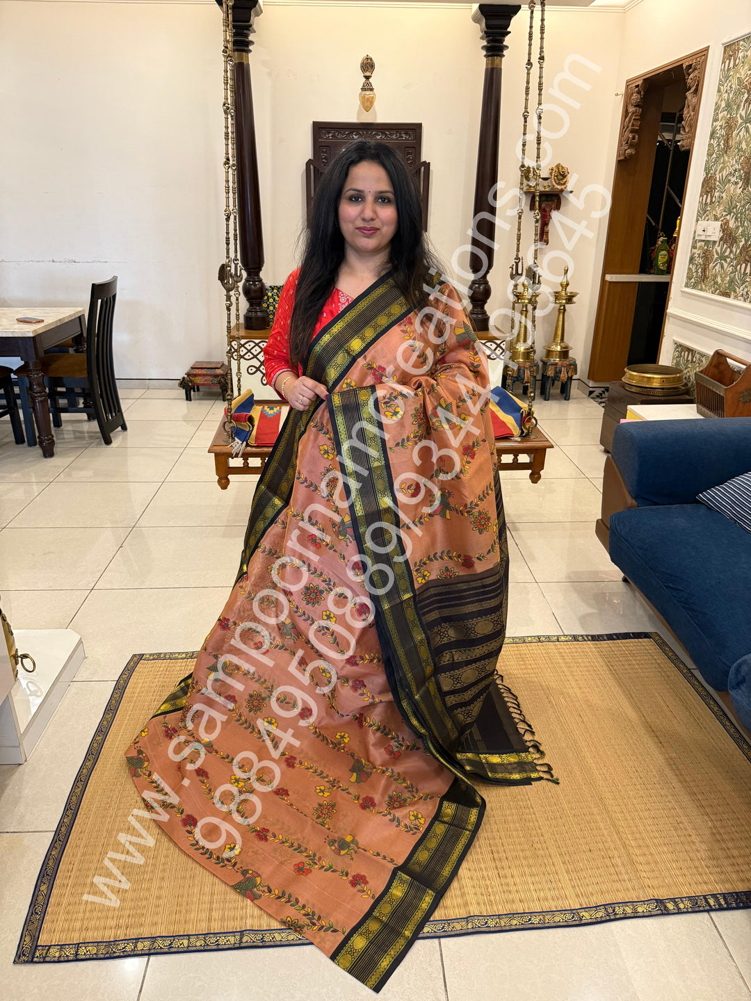 Dark Biscuit with Black , rettapet traditional border , Madhubani Floral print in the body and rich Pallu Printed Korvai Silk Cotton Saree