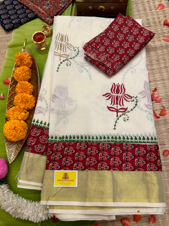 Kerala Pure Cotton Saree wih Red Ajrakh Border & Lotus Motifs - with Ajrakh Blouse