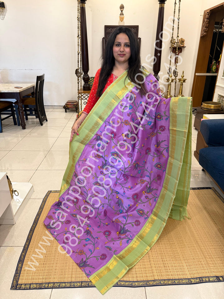 Lavender with Pastel Green , traditional rettapet  border , Madhubani Floral print in the body and rich Pallu Printed Korvai Silk Cotton Saree