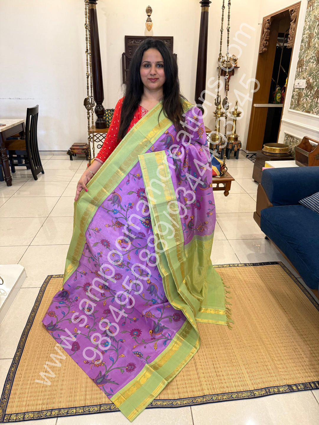 Lavender with Pastel Green , traditional rettapet  border , Madhubani Floral print in the body and rich Pallu Printed Korvai Silk Cotton Saree