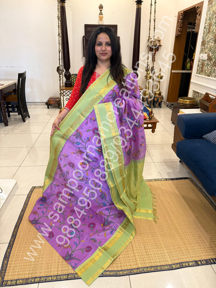 Lavender with Pastel Green , traditional rettapet  border , Madhubani Floral print in the body and rich Pallu Printed Korvai Silk Cotton Saree