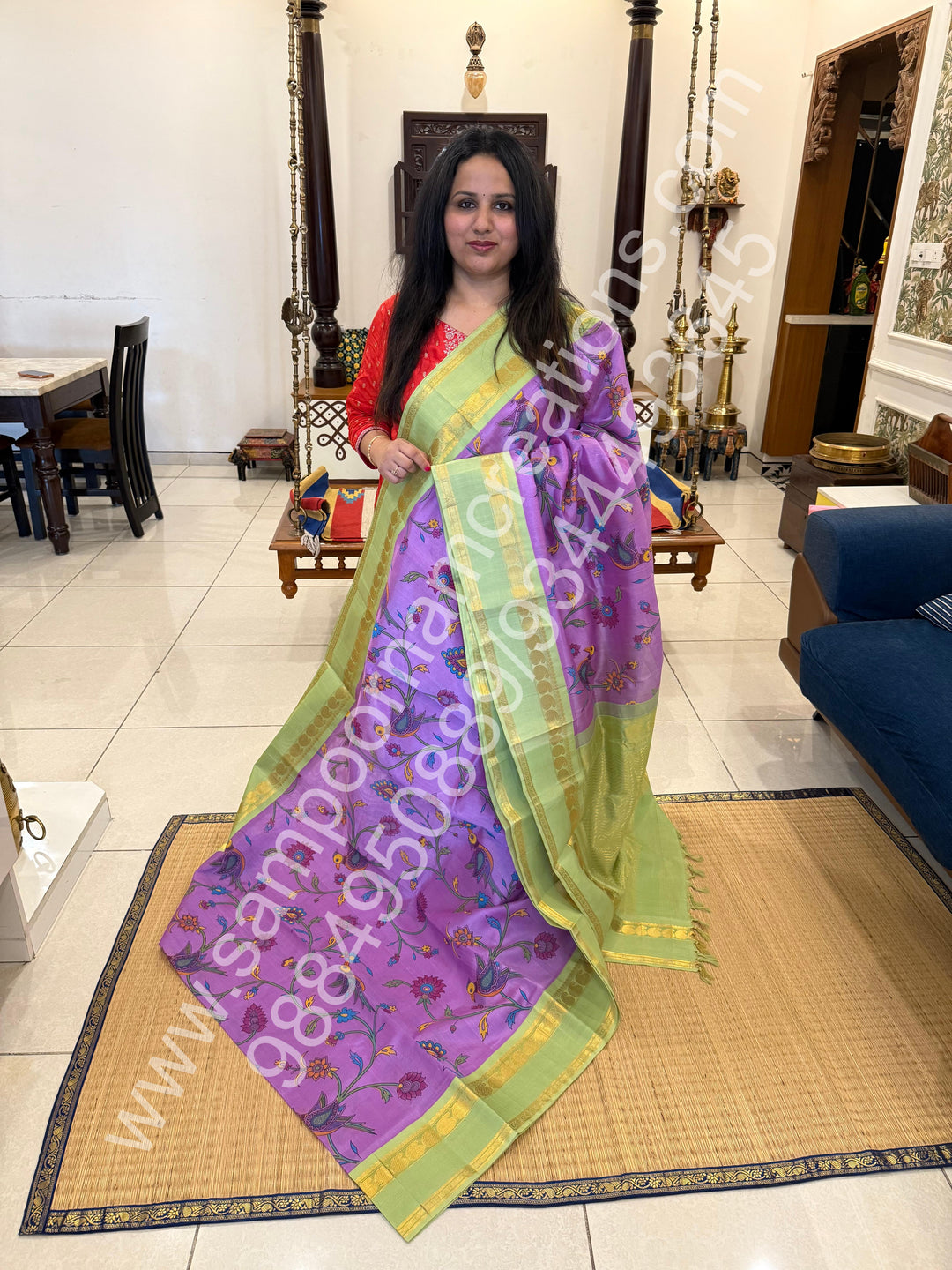 Lavender with Pastel Green , traditional rettapet  border , Madhubani Floral print in the body and rich Pallu Printed Korvai Silk Cotton Saree