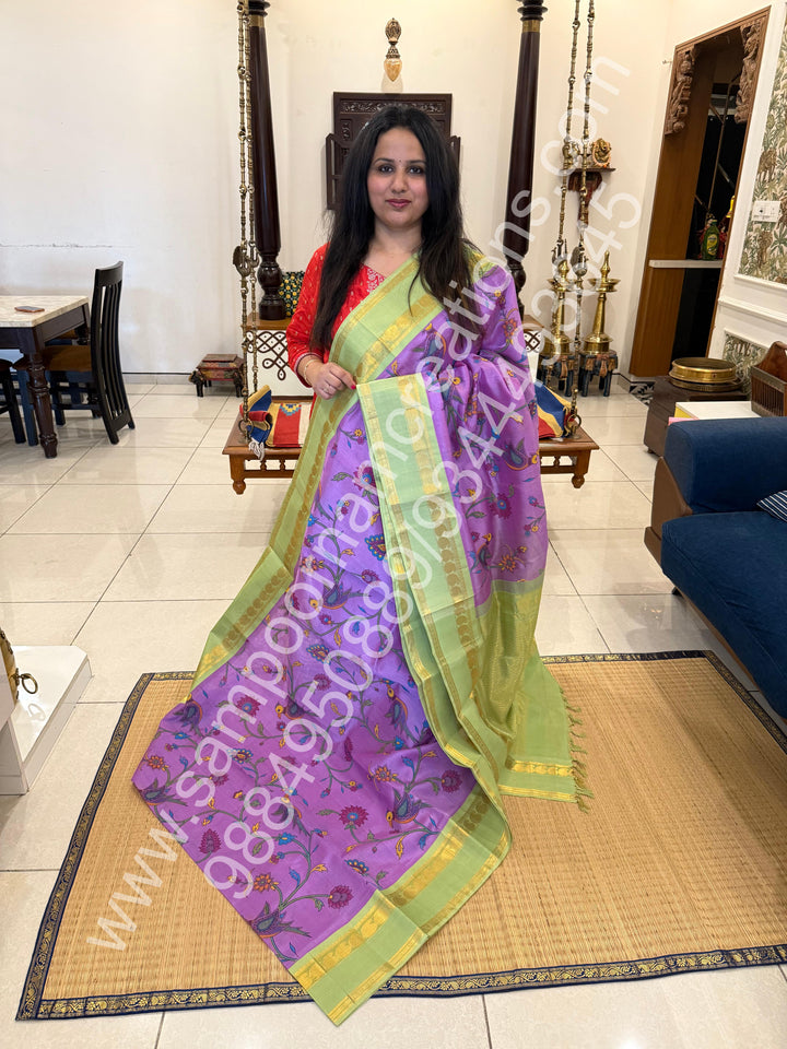 Lavender with Pastel Green , traditional rettapet  border , Madhubani Floral print in the body and rich Pallu Printed Korvai Silk Cotton Saree