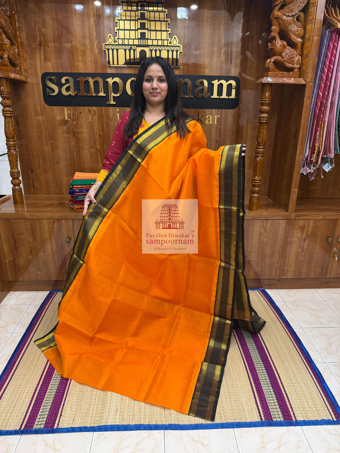 Orange with Black, Traditional Border with Veldhari  Design and Grand Pallu Korvai Silk Cotton Saree