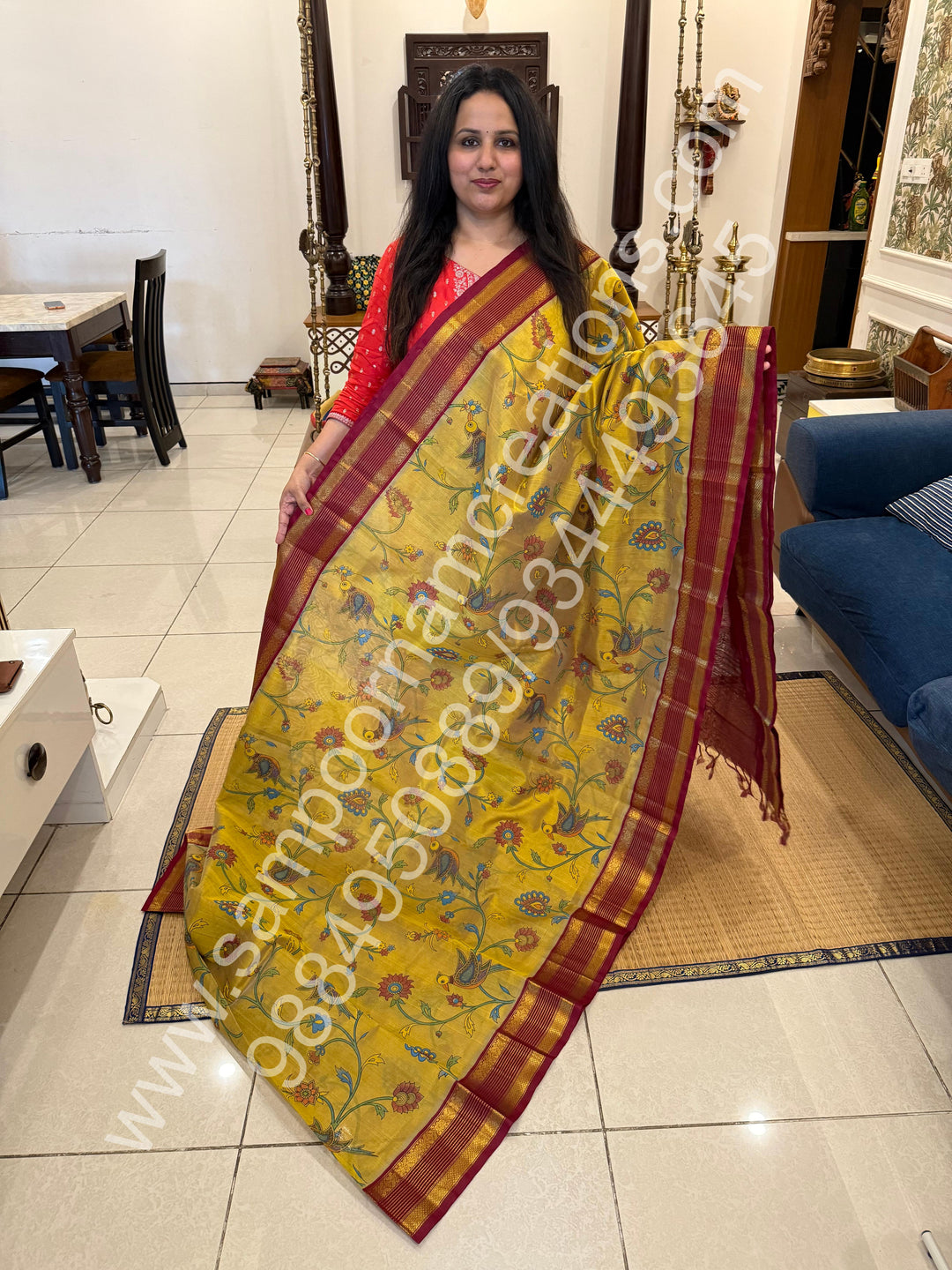 Fenugreek Gold with Dark Red , rettapet traditional border , Madhubani Floral print in the body and rich Pallu Printed Korvai Silk Cotton Saree