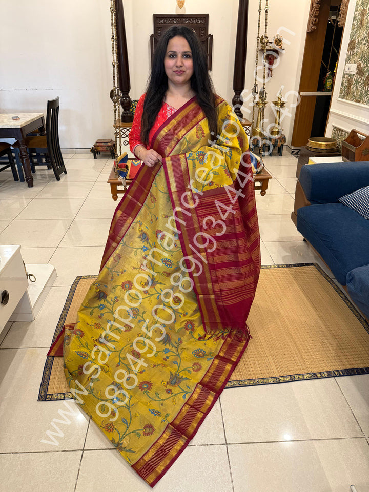 Fenugreek Gold with Dark Red , rettapet traditional border , Madhubani Floral print in the body and rich Pallu Printed Korvai Silk Cotton Saree