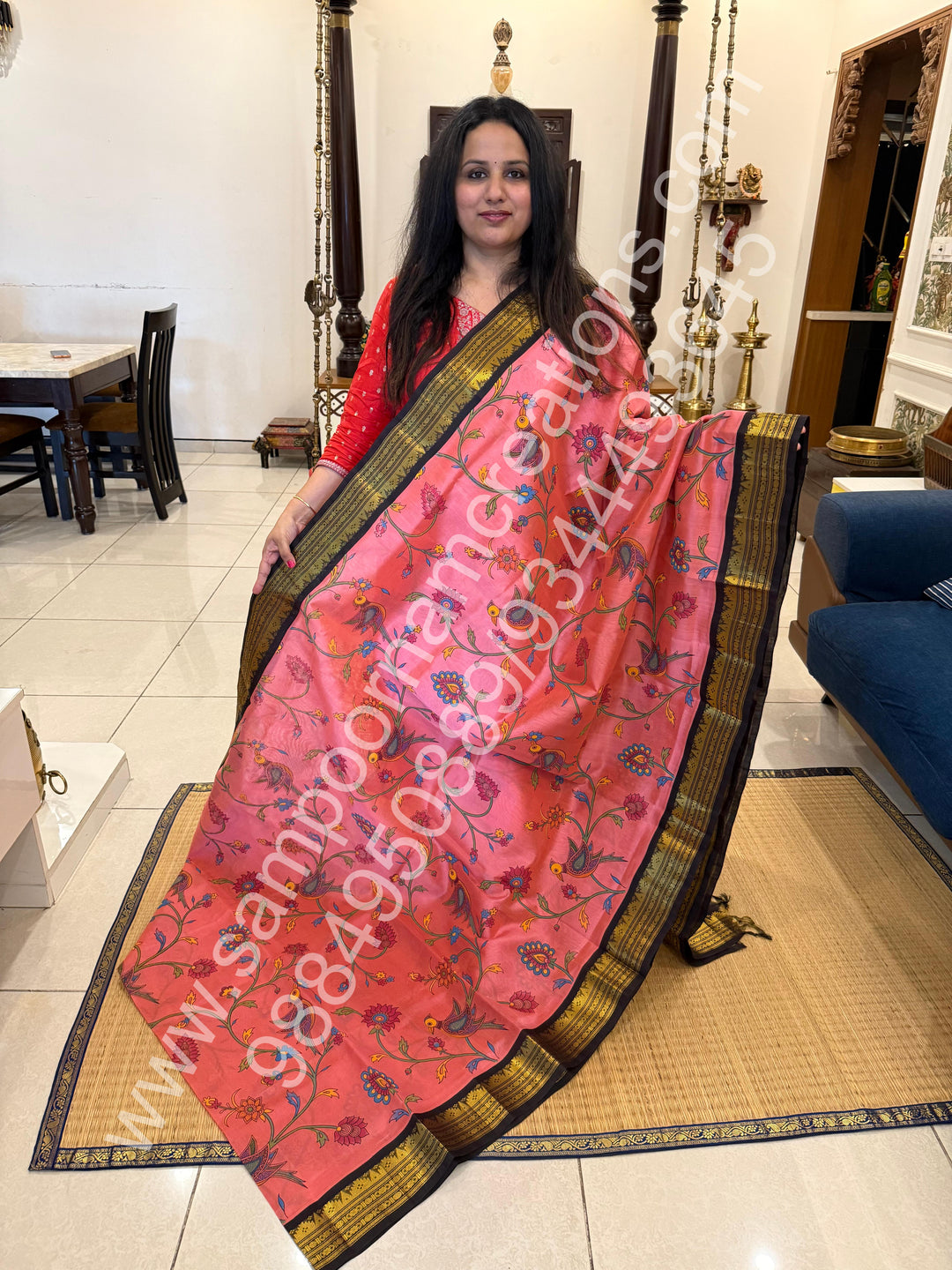 Dark Pink with Brown , traditional border , Madhubani Floral print in the body and rich Pallu Printed Korvai Silk Cotton Saree
