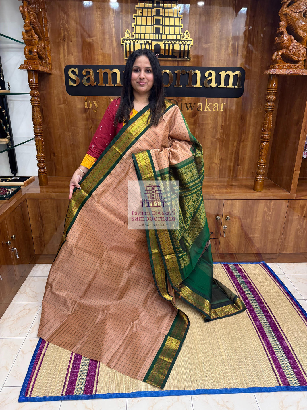 Biscuit Colour with Green, Thread Kattam in the Body , Traditional Borders and Rich Pallu ,Korvai Silk Cotton Saree