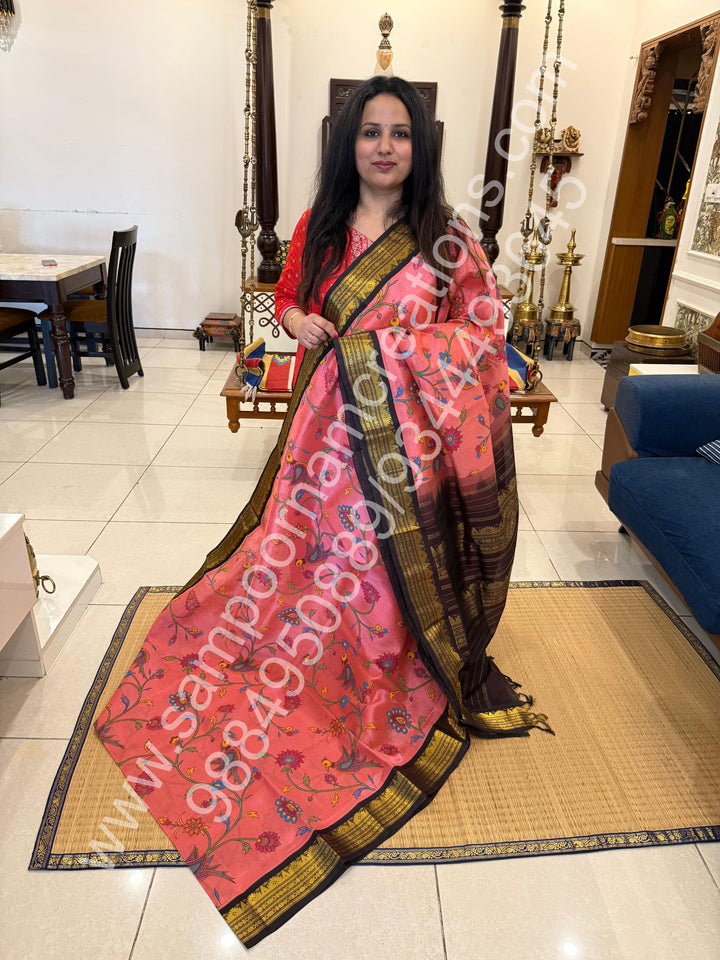 Dark Pink with Brown , traditional border , Madhubani Floral print in the body and rich Pallu Printed Korvai Silk Cotton Saree