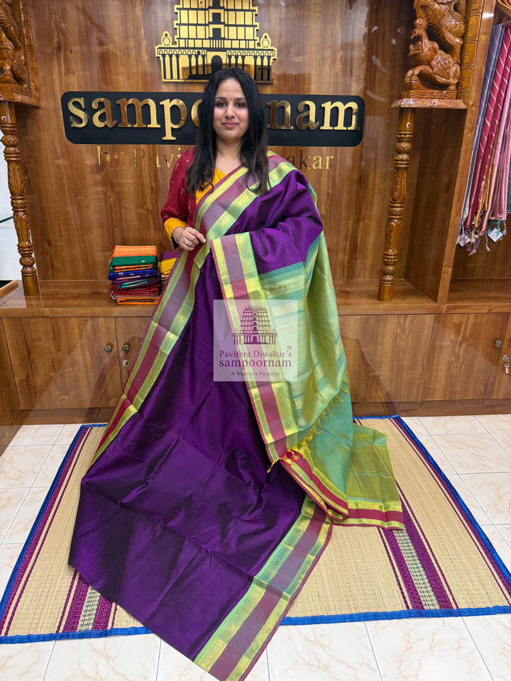 Purple with Sea Green rettapet Border and Traditional Pallu Korvai Silk Cotton Saree