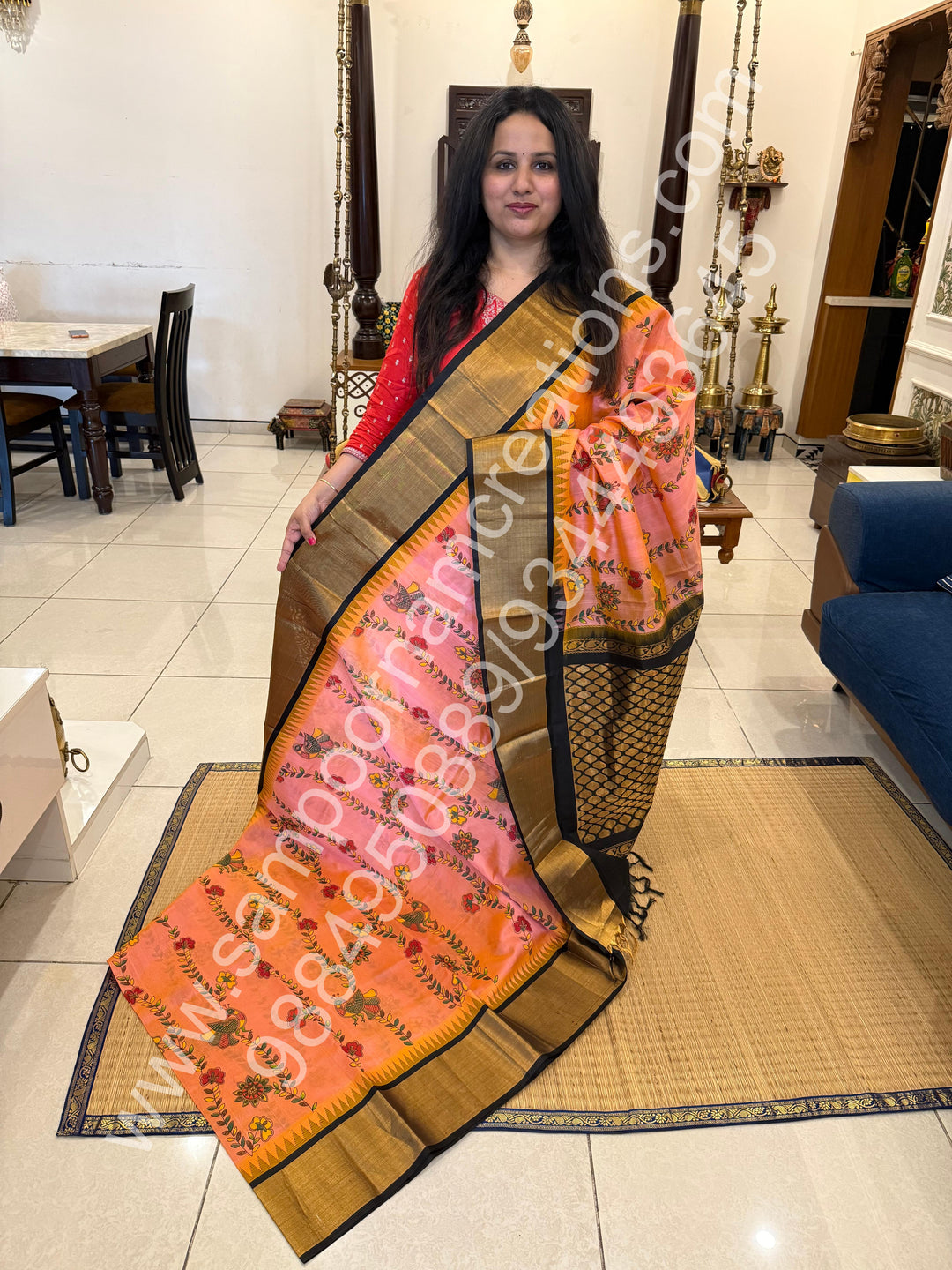 Pink with Black , traditional tissue border , Madhubani Floral print in the body and rich Pallu Printed Korvai Silk Cotton Saree