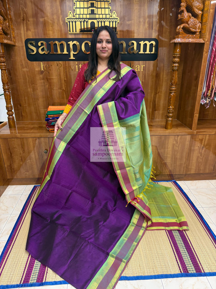 Purple with Sea Green rettapet Border and Traditional Pallu Korvai Silk Cotton Saree