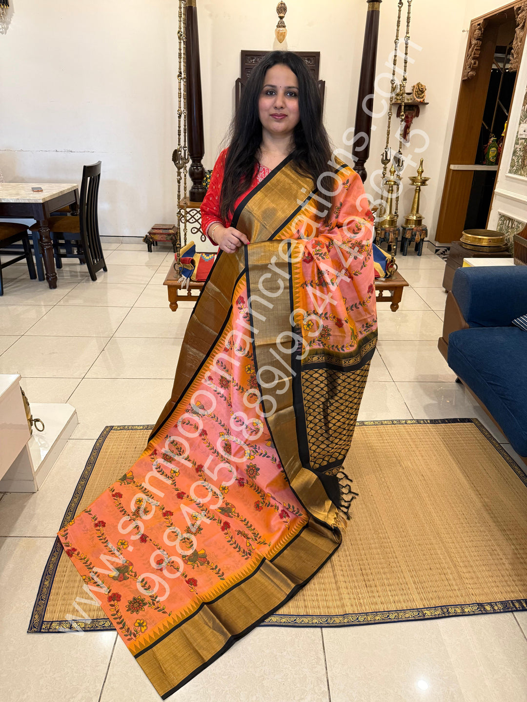 Pink with Black , traditional tissue border , Madhubani Floral print in the body and rich Pallu Printed Korvai Silk Cotton Saree