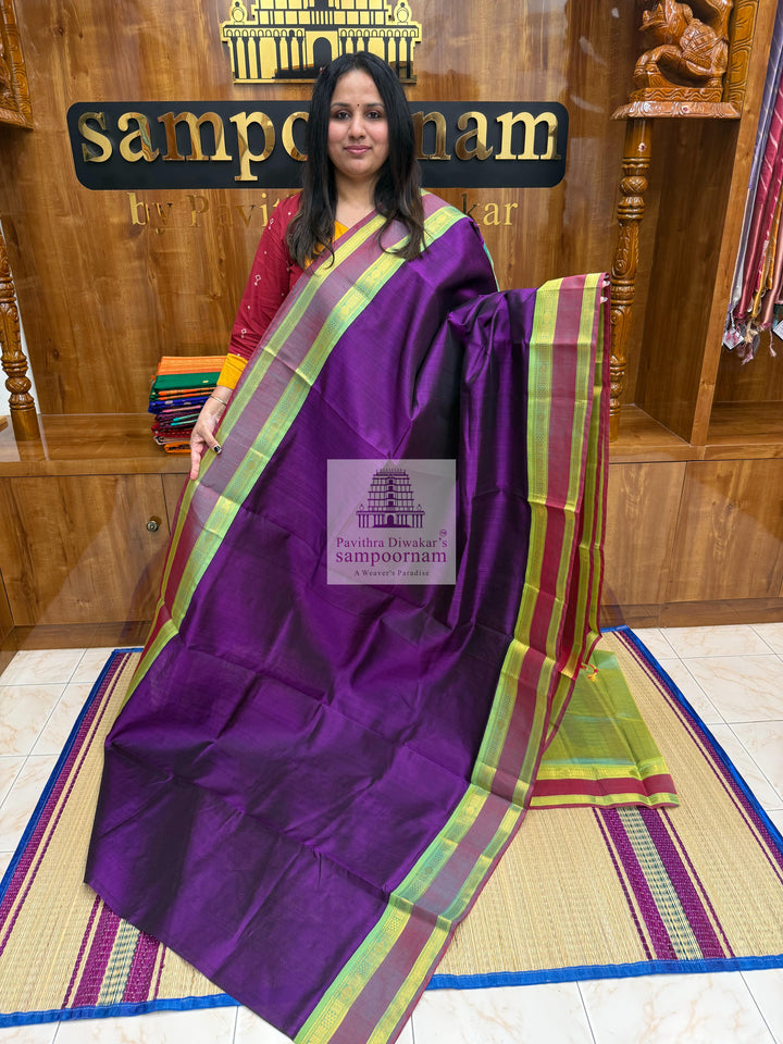 Purple with Sea Green rettapet Border and Traditional Pallu Korvai Silk Cotton Saree