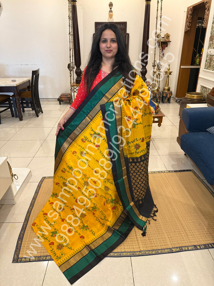 Yellow with Triple colour border  , Madhubani Floral print in the body and rich Pallu Printed Korvai Silk Cotton Saree