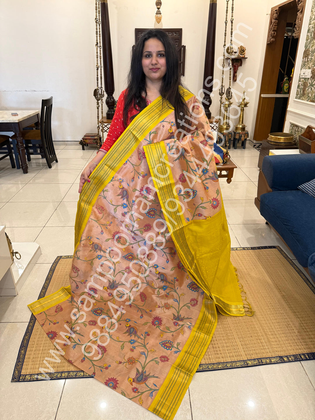 Beige with Lemon Yellow , traditional border , Madhubani Floral print in the body and rich Pallu Printed Korvai Silk Cotton Saree