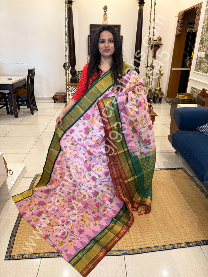 Pink with One side big triple colour temple border , Pichwai Floral print in the body and rich Pallu Printed Korvai Silk Cotton Saree