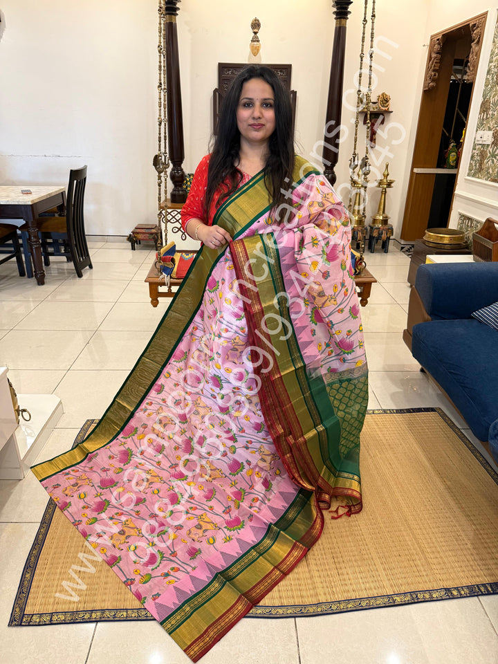 Pink with One side big triple colour temple border , Pichwai Floral print in the body and rich Pallu Printed Korvai Silk Cotton Saree