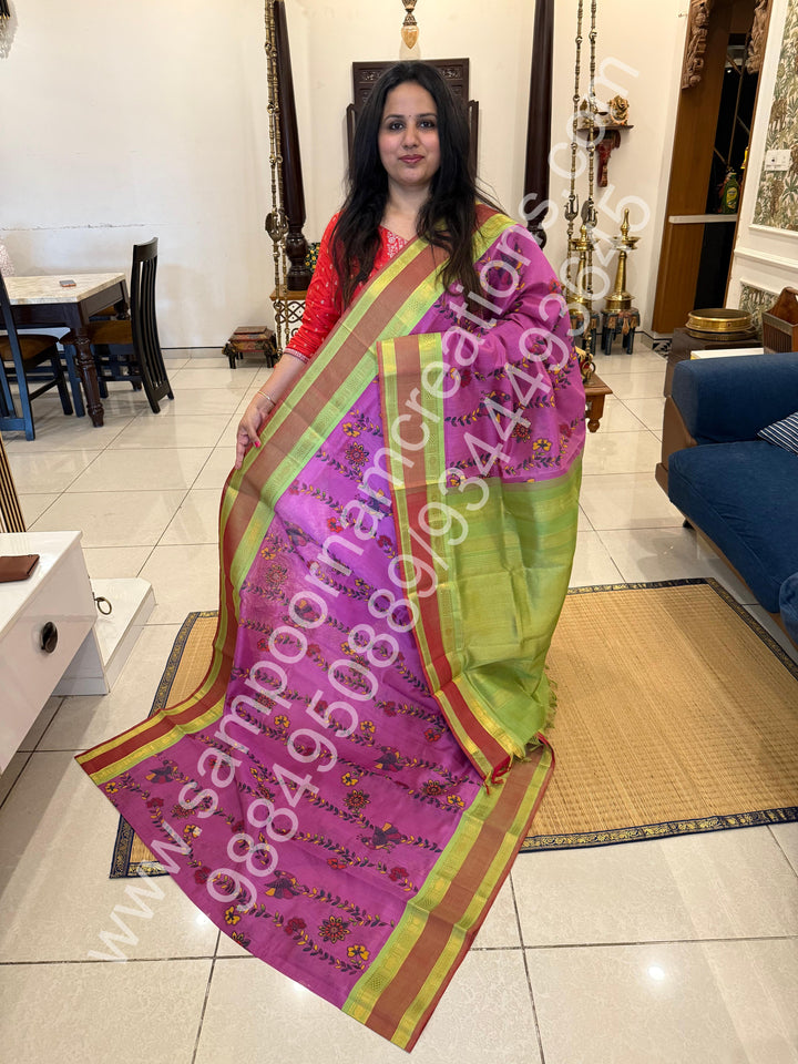 Dark Lavender with Pastel Green , rettapet traditional border , Madhubani Floral print in the body and rich Pallu Printed Korvai Silk Cotton Saree