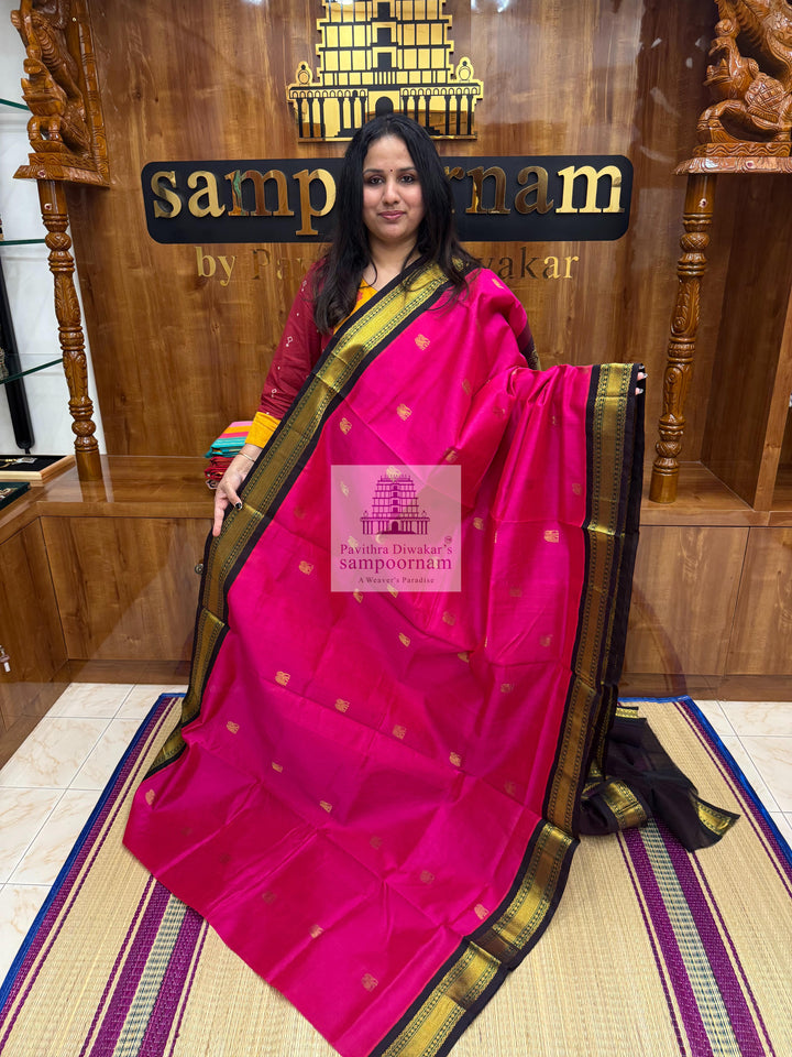 Dark Magenta with Black Border, Brown Pallu ,Rich Elephant Zari Checks in the Body,Traditional Borders and Rich Pallu Korvai Silk Cotton Saree