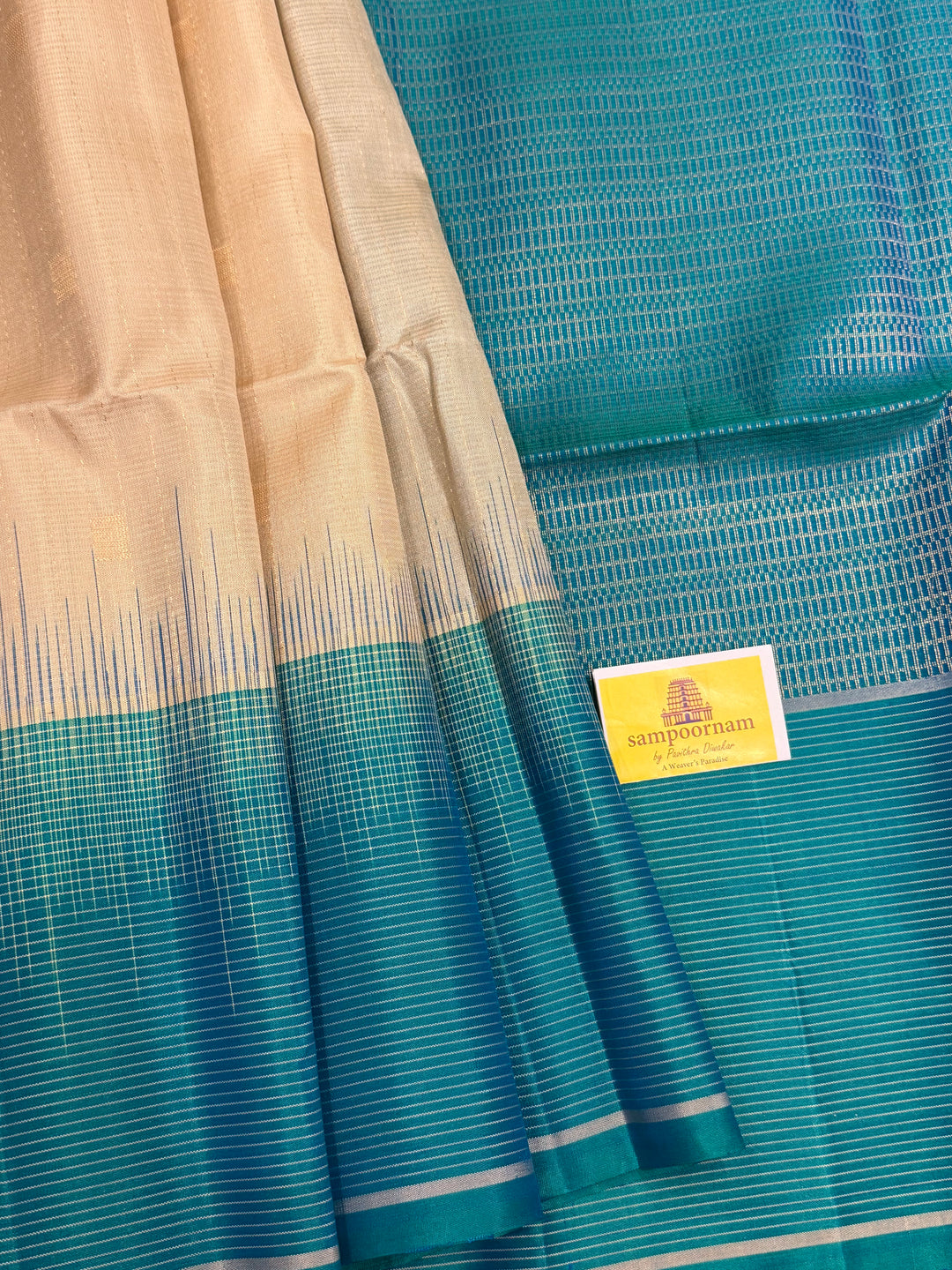 Beige with Turquoise Blue, Vairaoosi Borders, Zari Butta and Dotted Lines in the Body , Rich Pallu, Pure Soft Silk Saree