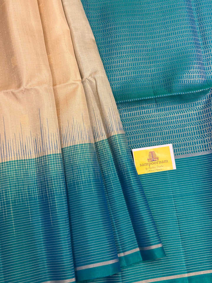 Beige with Turquoise Blue, Vairaoosi Borders, Zari Butta and Dotted Lines in the Body , Rich Pallu, Pure Soft Silk Saree