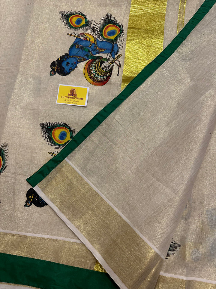 Kerala Tissue Saree with Baby Butter Krishna Motif and Green Piping in Borders