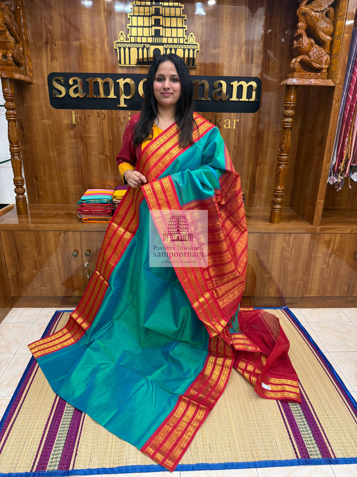 Ramar Blue with Red , Kanchi Borders and Rich Pallu Korvai Silk Cotton Saree