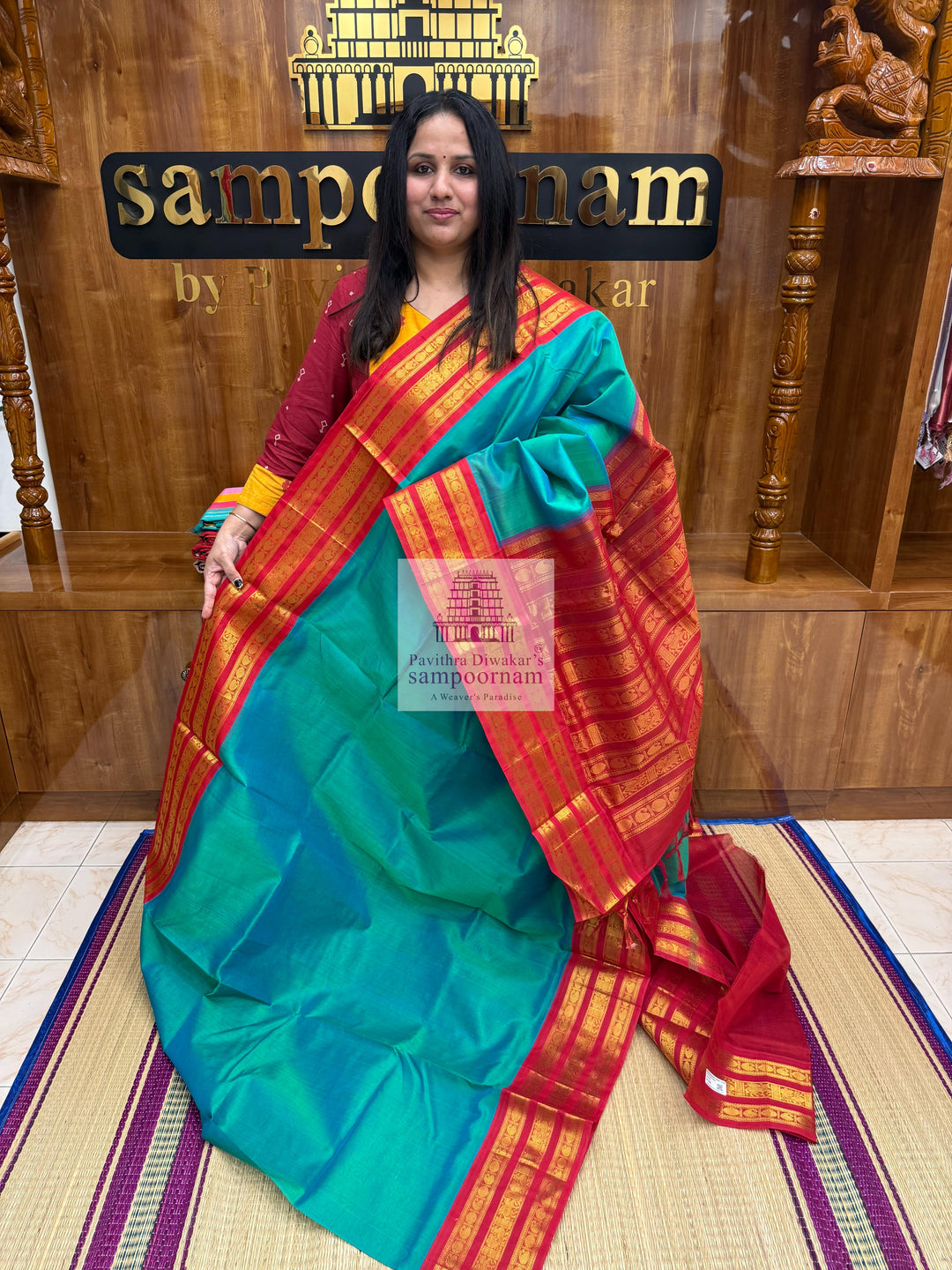 Ramar Blue with Red , Kanchi Borders and Rich Pallu Korvai Silk Cotton Saree