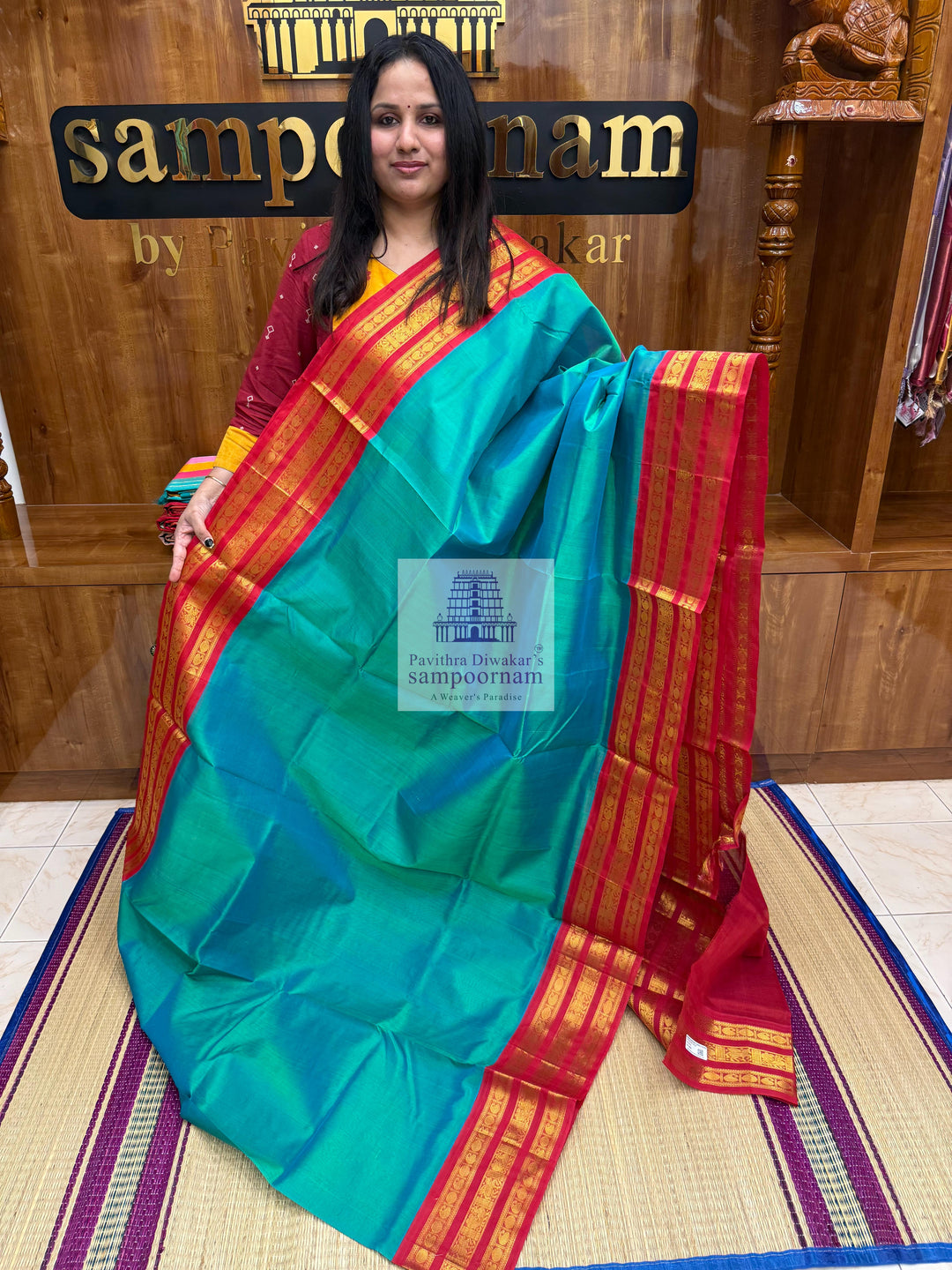 Ramar Blue with Red , Kanchi Borders and Rich Pallu Korvai Silk Cotton Saree