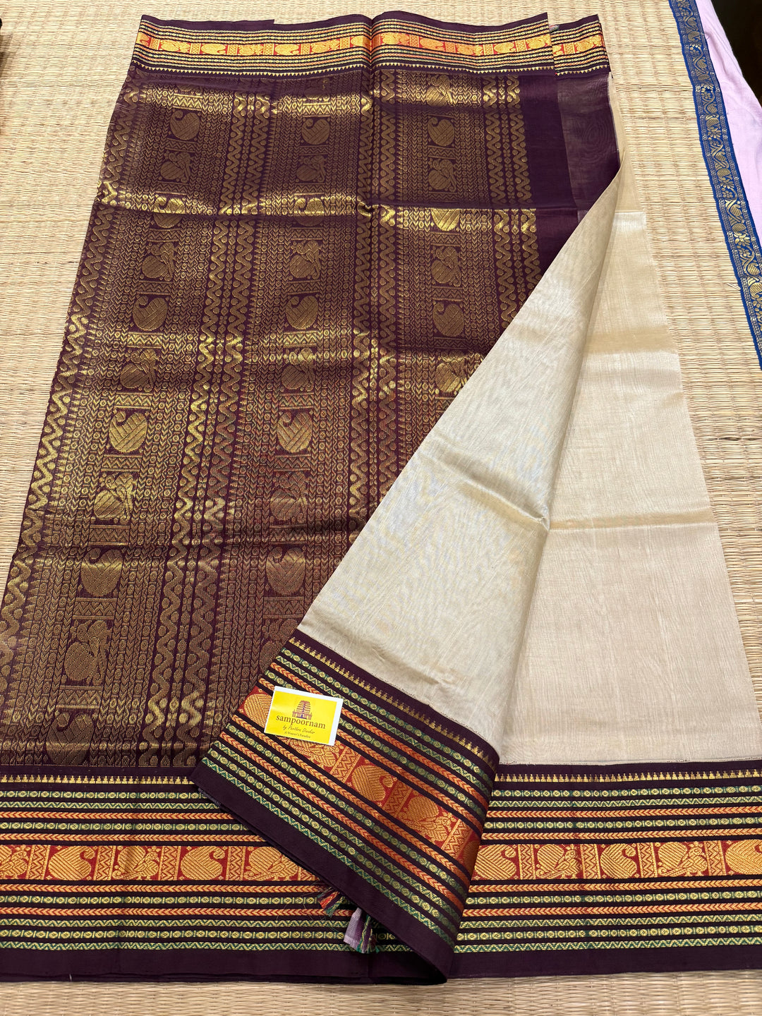 Beige with Dark Brown ,Rich Big Traditional Kanchi Borders and Grand Pallu Korvai Silk Cotton Saree