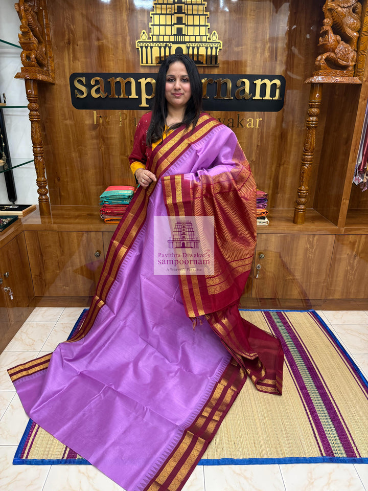 Lavender with Araku, Traditional Temple Rettapet Border and Grand Pallu Korvai Silk Cotton Saree