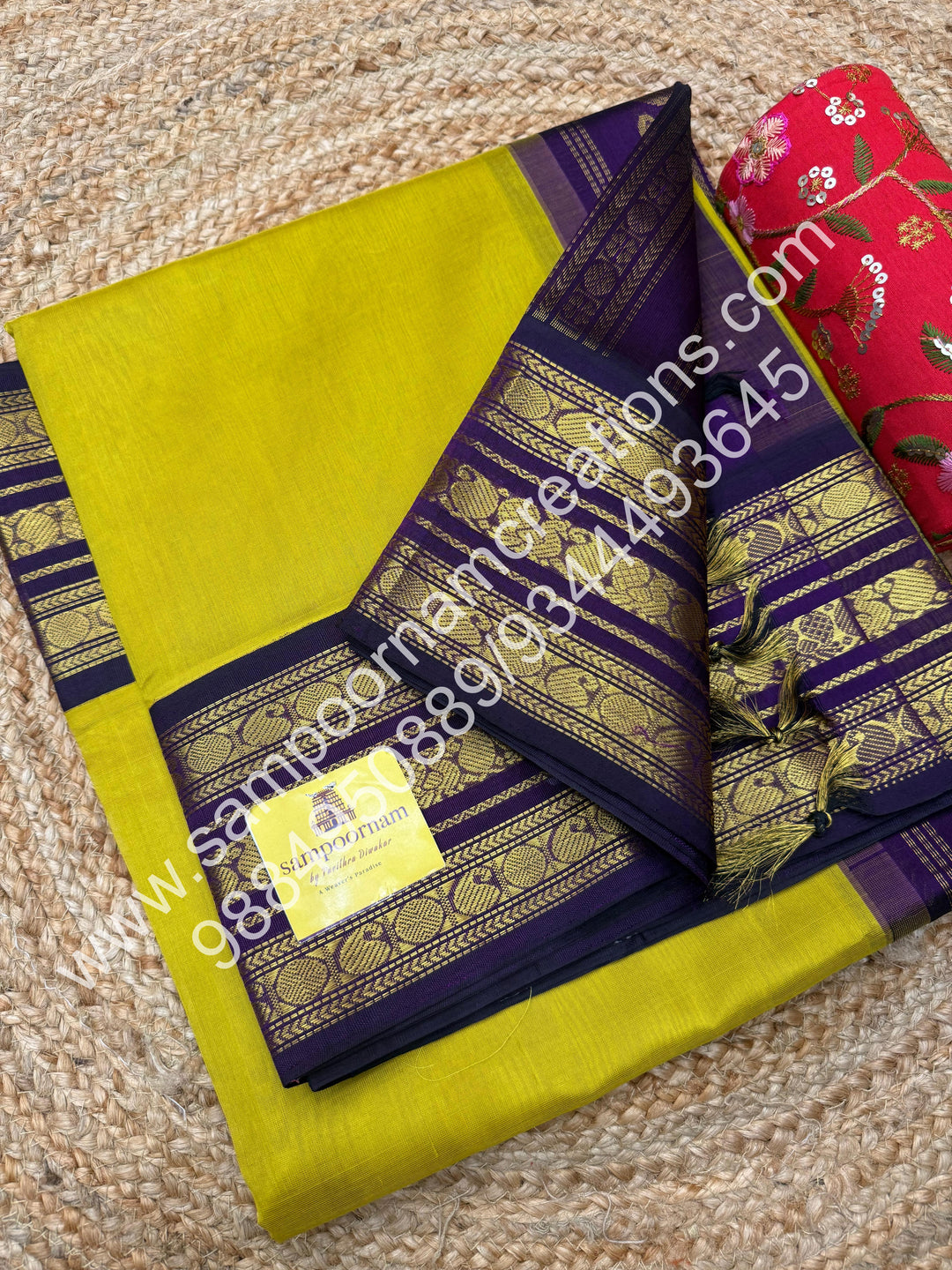 Mustard Yellow with Purple  , Traditional Kanchi  borders and rich Pallu Korvai Silk Cotton Saree