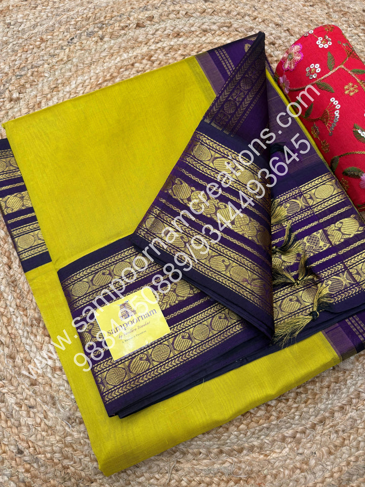 Mustard Yellow with Purple  , Traditional Kanchi  borders and rich Pallu Korvai Silk Cotton Saree