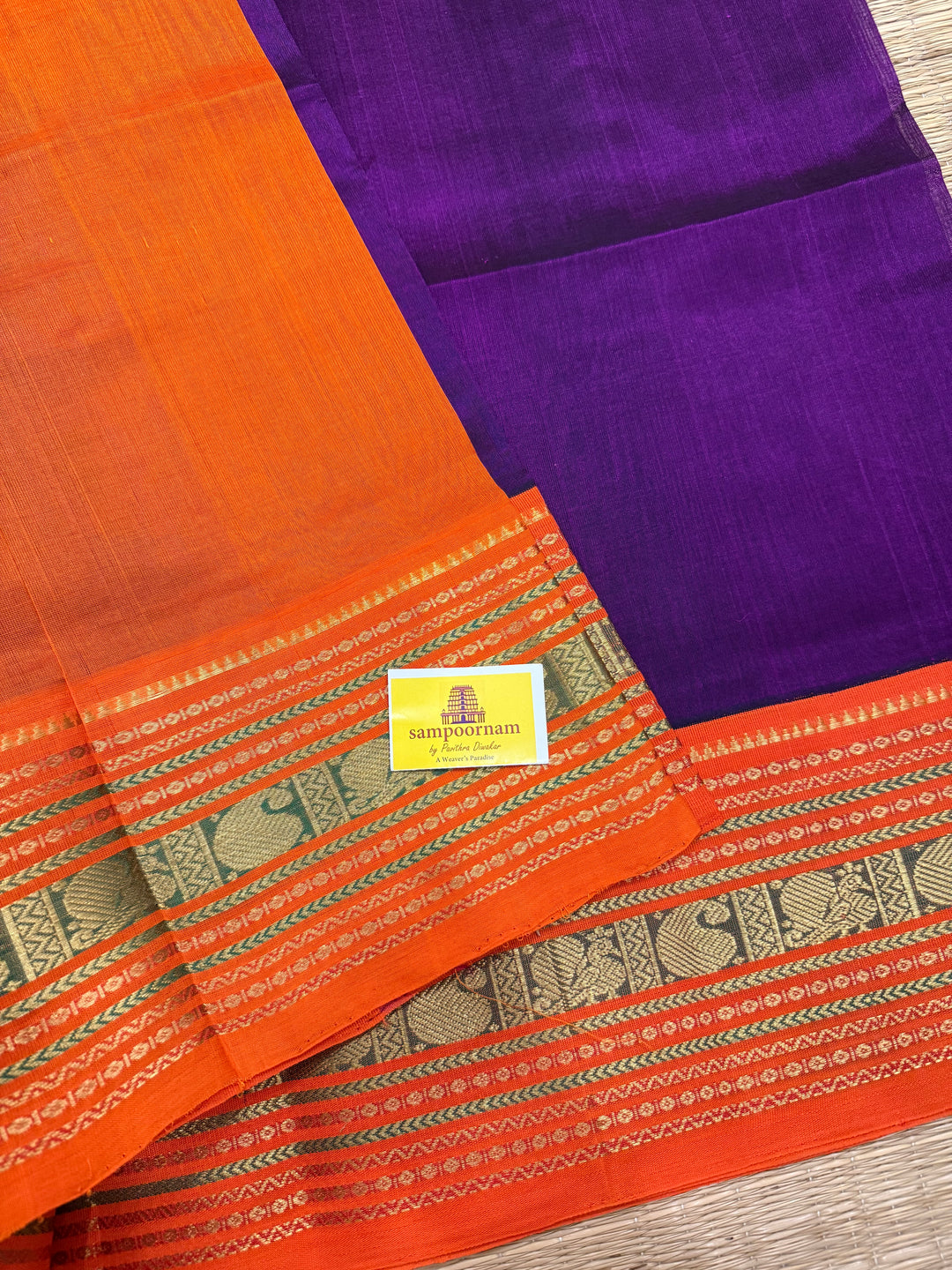 Purple with Orange ,Rich Big Traditional Kanchi Borders and Grand Pallu Korvai Silk Cotton Saree