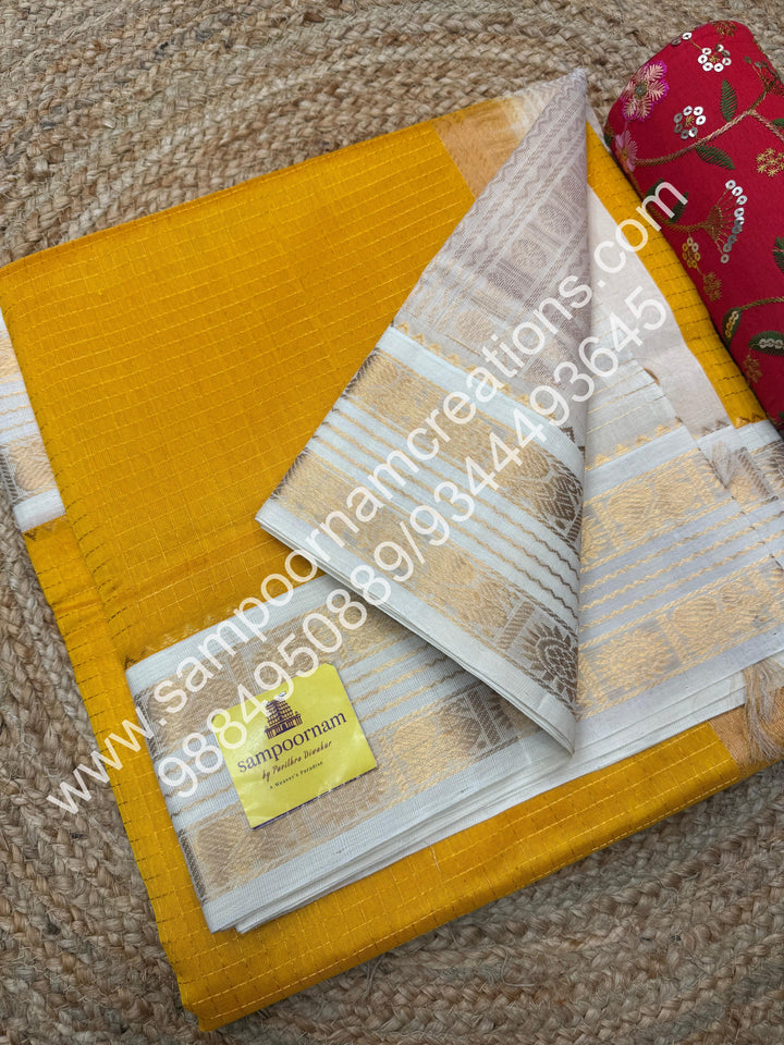 Yellow with Offwhite  , rich Zari checks in the body , rettapet  borders and rich Pallu Korvai Silk Cotton