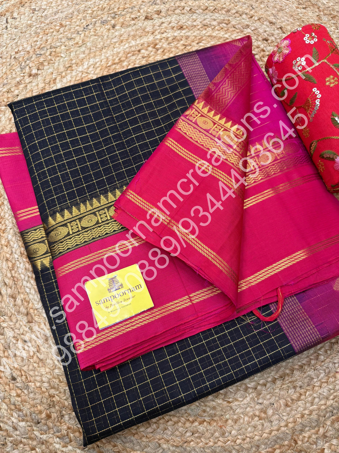 Black with Pink  , Zari checks in the body and rettapet border, rich Pallu Korvai  Silk Cotton Saree