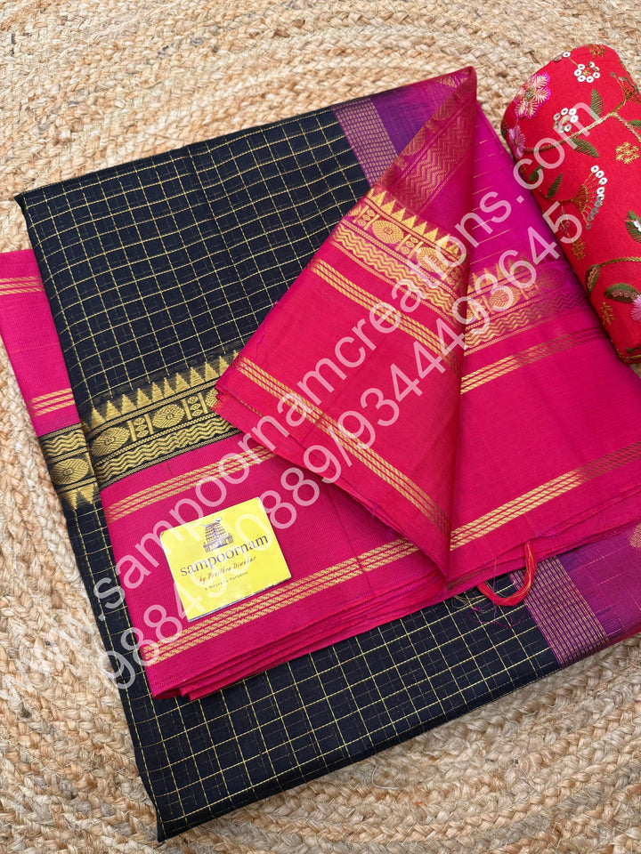 Black with Pink  , Zari checks in the body and rettapet border, rich Pallu Korvai  Silk Cotton Saree