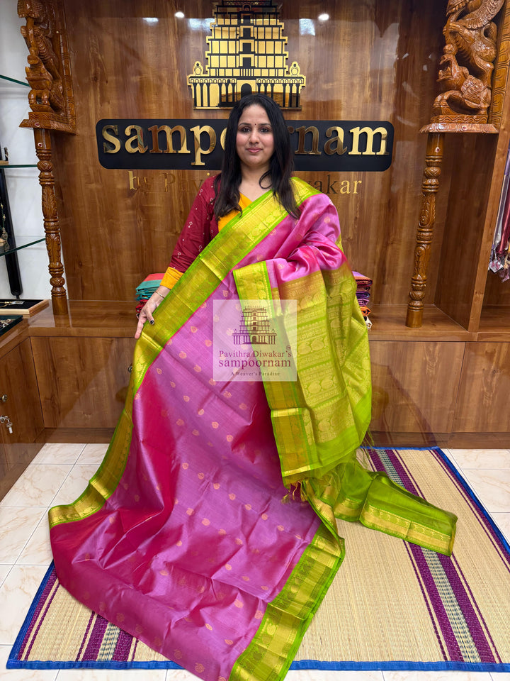 Double Shaded Pink Purple with Lemon Green, Traditional Silk Border and Rich Zari Butta in the Body and Grand Pallu Korvai Silk Cotton Saree