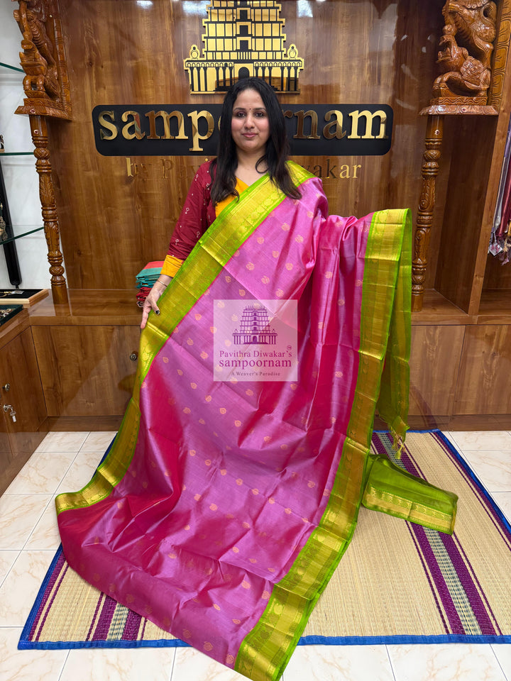 Double Shaded Pink Purple with Lemon Green, Traditional Silk Border and Rich Zari Butta in the Body and Grand Pallu Korvai Silk Cotton Saree