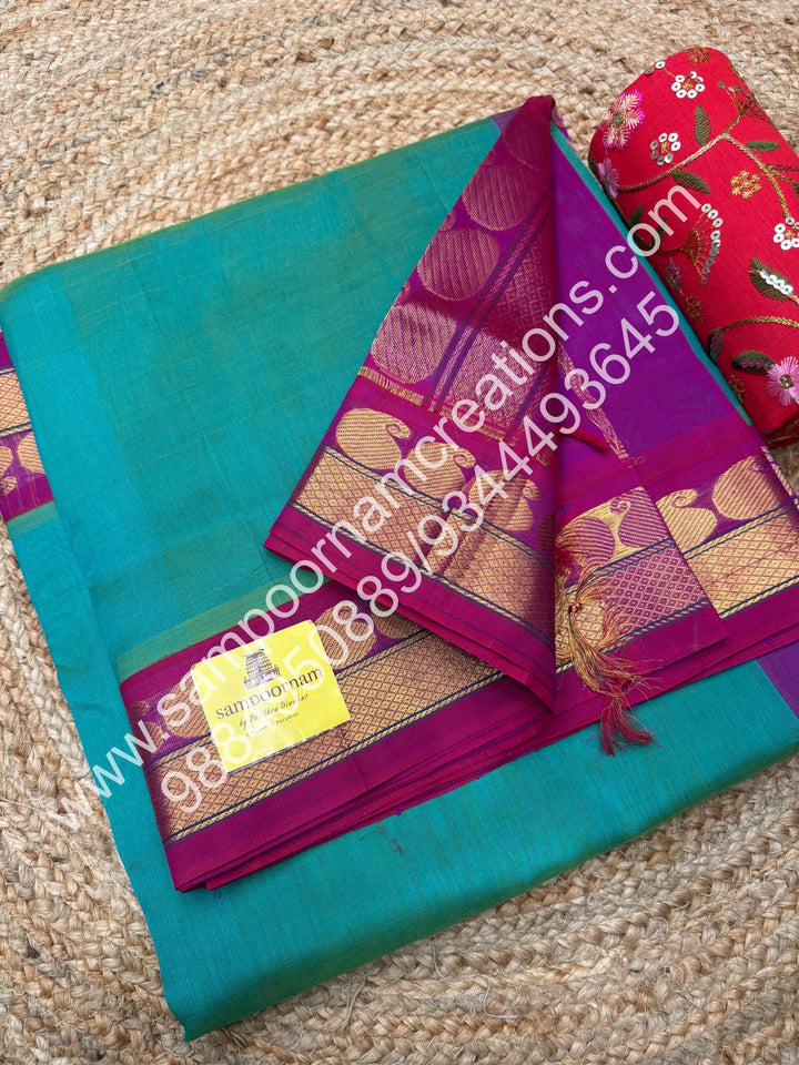 Ramar Green with Magenta  , Traditional borders and rich Pallu Korvai Silk Cotton Saree