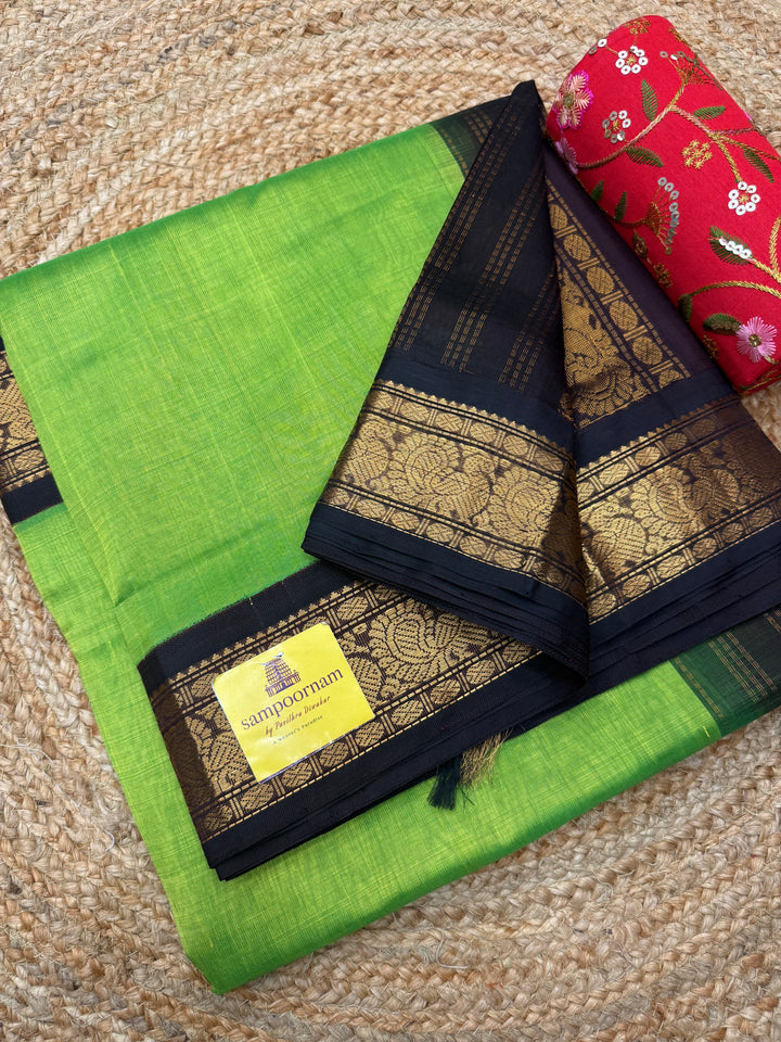Parrot Green with Dark Brown  , Traditional borders and rich Pallu Korvai Silk Cotton Saree