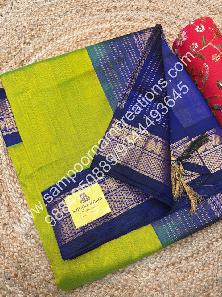 Parrot Green with Dark Blue  , Traditional borders and rich Pallu Korvai Silk Cotton Saree