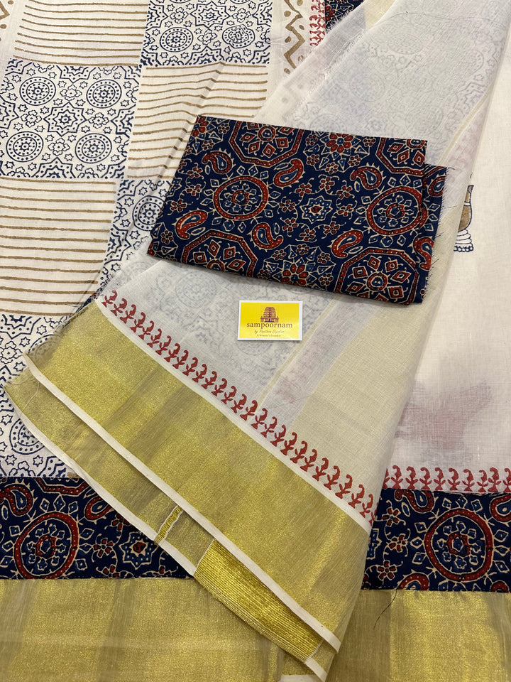 Kerala Pure Cotton Saree wih Blue Ajrakh Border & Dance Hand Mudra Motifs - with Ajrakh Blouse