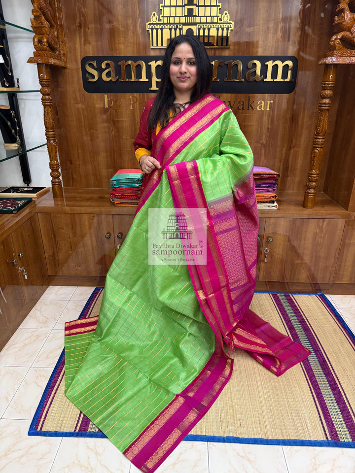 Pastel Green with Magenta, Rich Zari Checks in the Body and Grand Pallu Korvai Silk Cotton Saree
