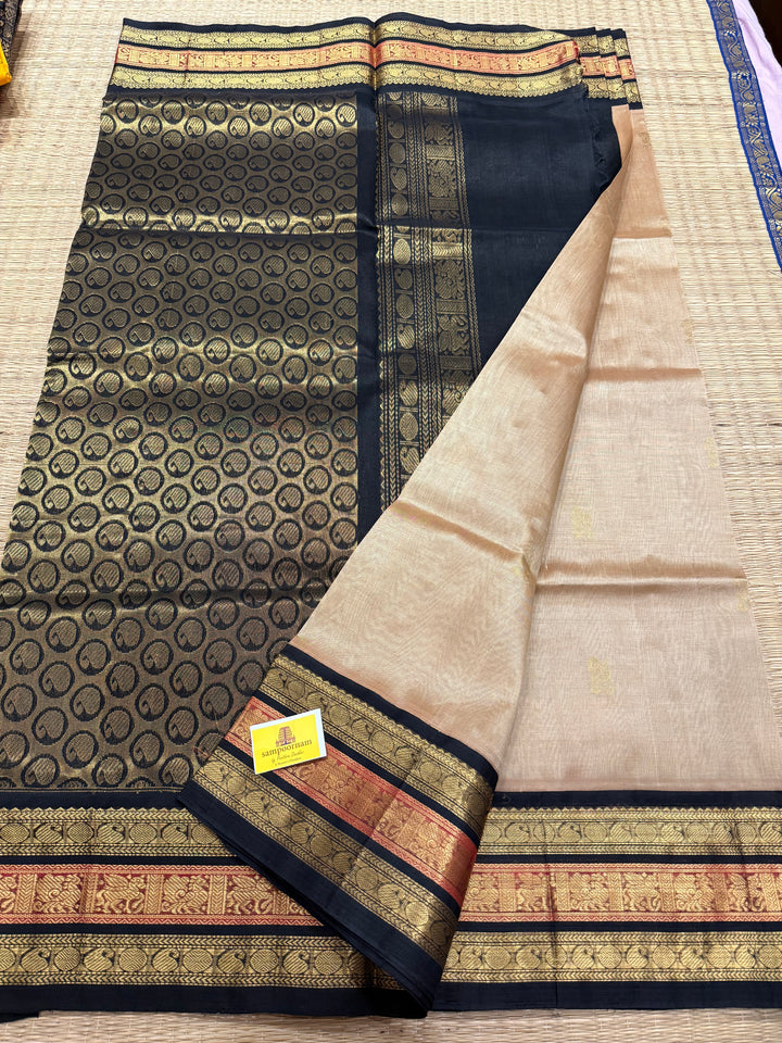 Light Gold With Black , Rich Body Butta , Traditional Kanchi Triple Border and Rich Pallu Korvai Silk Cotton Saree