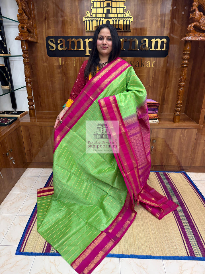 Pastel Green with Magenta, Rich Zari Checks in the Body and Grand Pallu Korvai Silk Cotton Saree