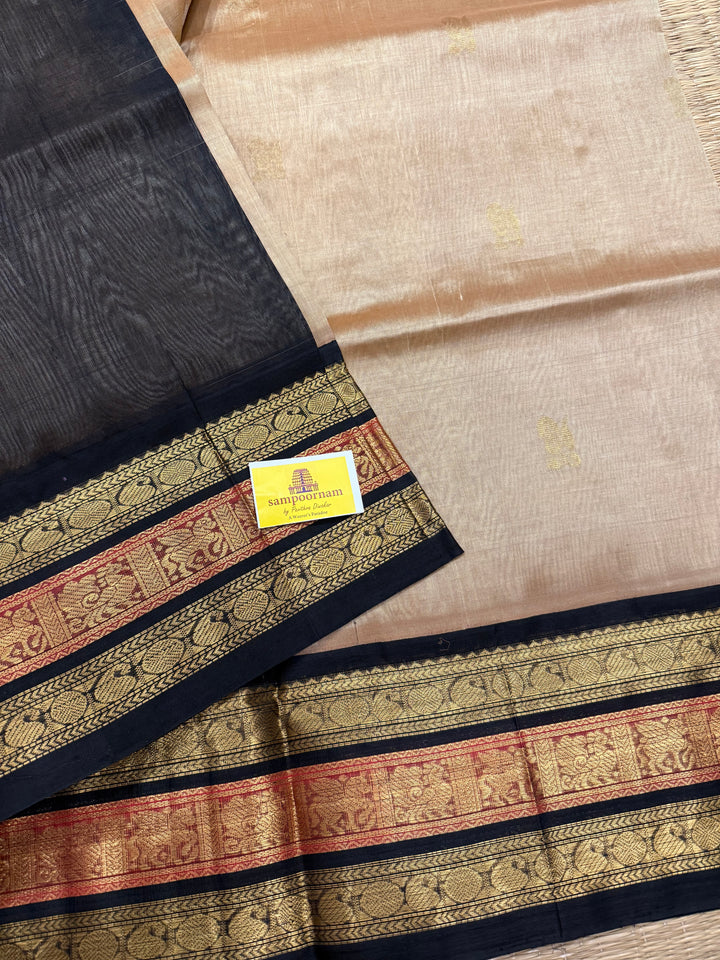 Light Gold With Black , Rich Body Butta , Traditional Kanchi Triple Border and Rich Pallu Korvai Silk Cotton Saree